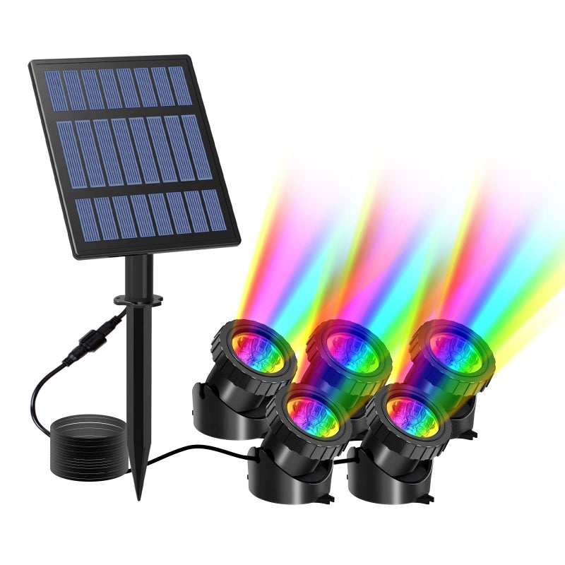 T-SUN Solar Pond Lights, 5 Headlamp RGB LED Spotlights Color Changing Submersible Fountain Lights, Underwater Solar Fish Tank Light Adjustable Lighting Angle for Garden Fountain, Pond, Pool Decoration - Image 1